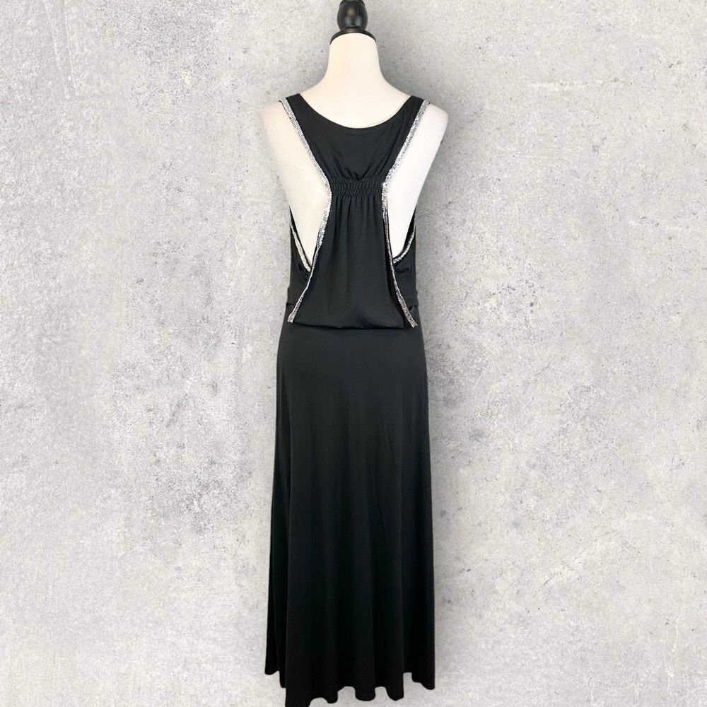 Maloom Black Maxi Dress Jersey Knit Draped Racerback Rhinestone Trim Size 6